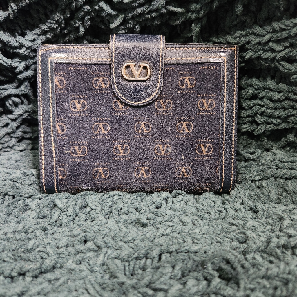 Vintage Valentino Navy Monogram Suede/Leather Wallet